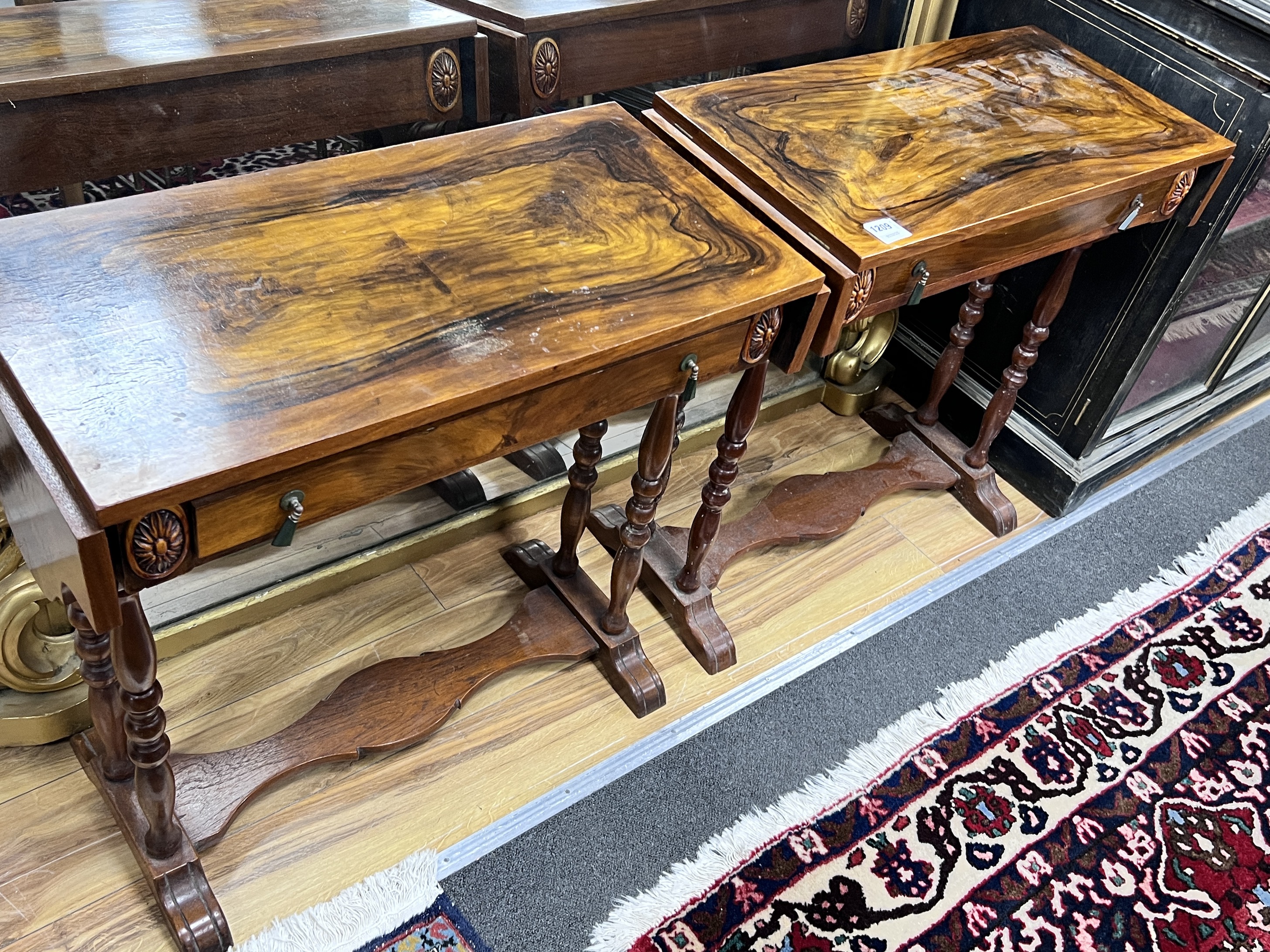 A pair of Victorian style figured walnut occasional tables, width 70cm, height 67cm